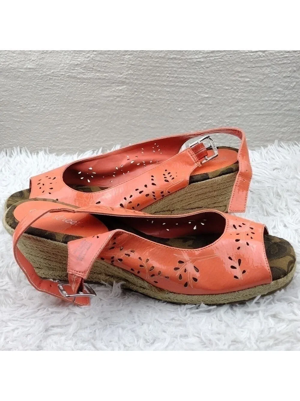 Easy Street Tangerine Faux Leather Cut Out Upper Open Toe Wedged-Heel Espadrille